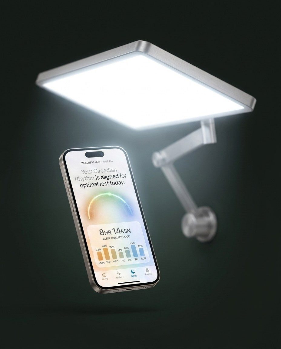 Hand holding a phone with the Aurelia app, the wall-mounted lamp behind