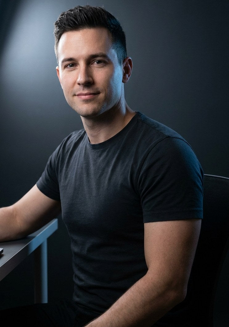 Man at his desk lit by cool white morning light