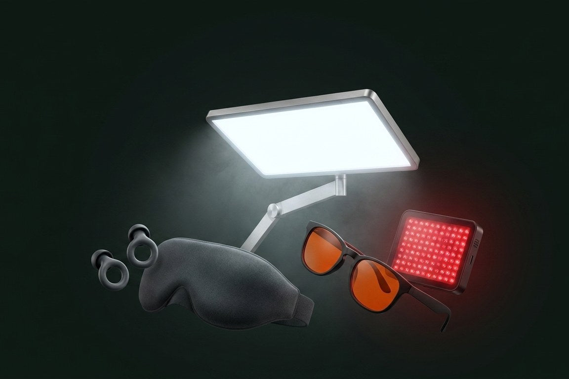 The Aurelia system - circadian lamp, blackout sleep mask, earplugs, evening glasses and red light panel