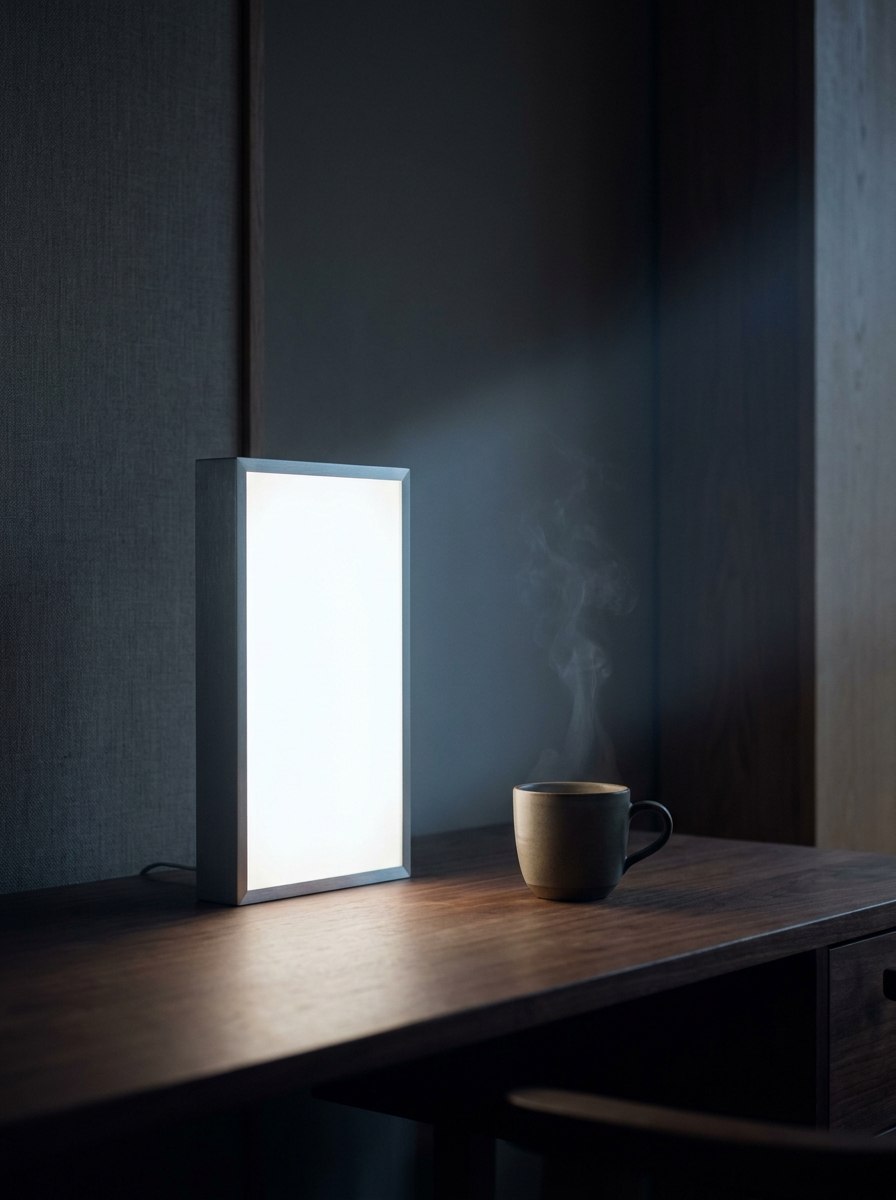 Minimal light panel glowing cool white on a walnut desk at dusk